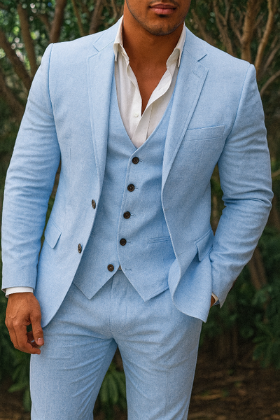 Dreiteiliges Herrenanzugset aus Leinen – Blazer, Weste und Hose, ideal für Hochzeiten und formelle Anlässe