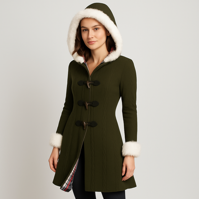 Selena | Damen-Kapuzenmantel mit kariertem Patchwork und Hornknöpfen