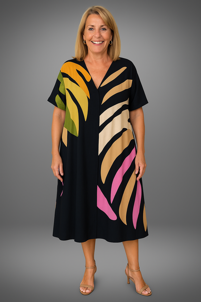 Selma©️ | Lässiges Kleid mit buntem Blätterprint