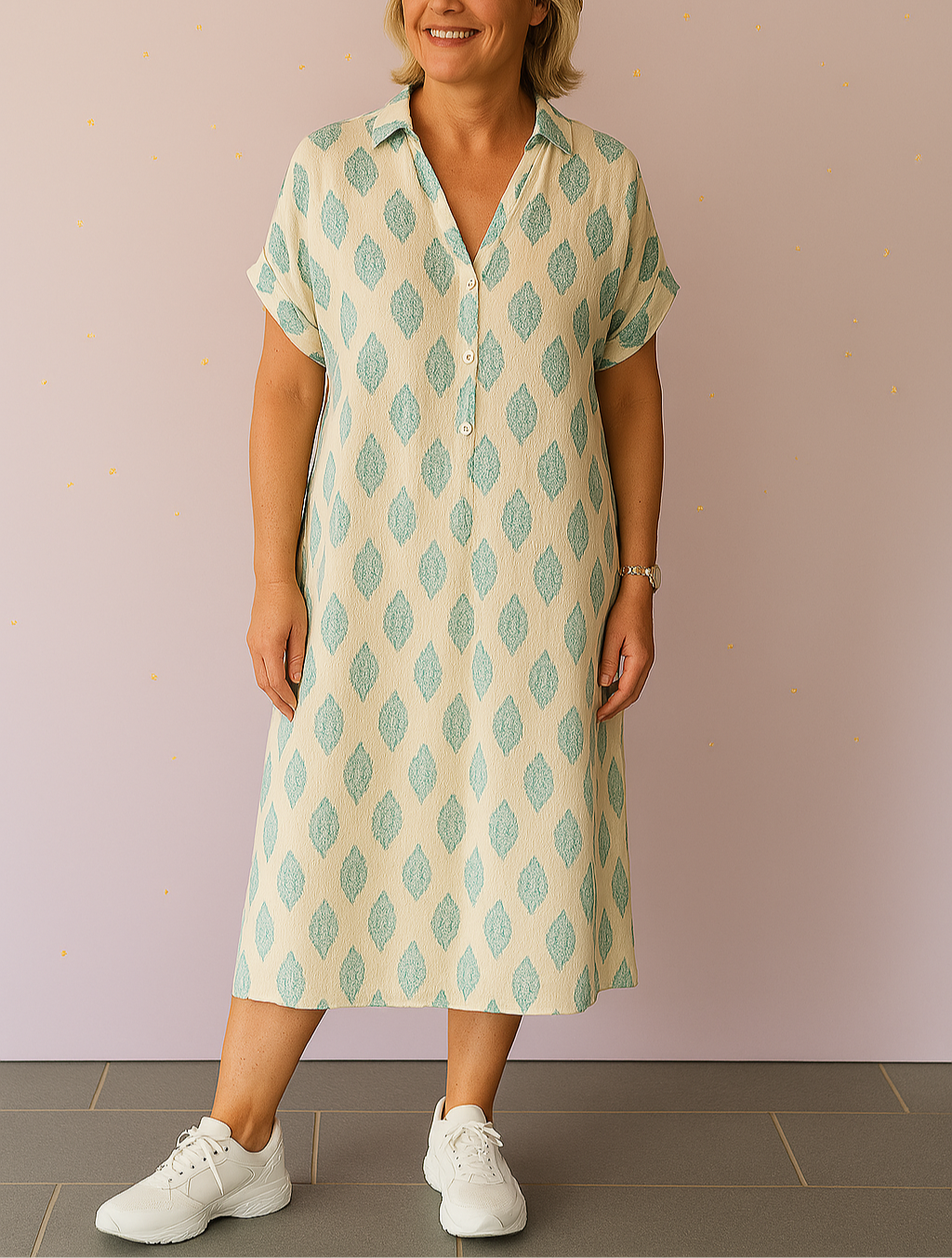 Mathilde™ | Lockeres langes Kleid mit Reverskragen und kurzen Ärmeln