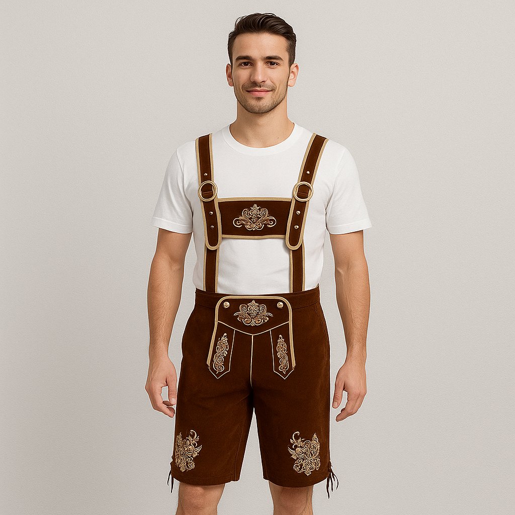 Oktoberfest Lederhose Herren – Bestickte Kurzhose in Braun mit Hosenträgern
