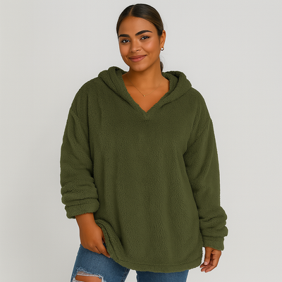 Fleece-Kapuzenpullover – Unifarbenes Damen Sweatshirt mit langen Ärmeln
