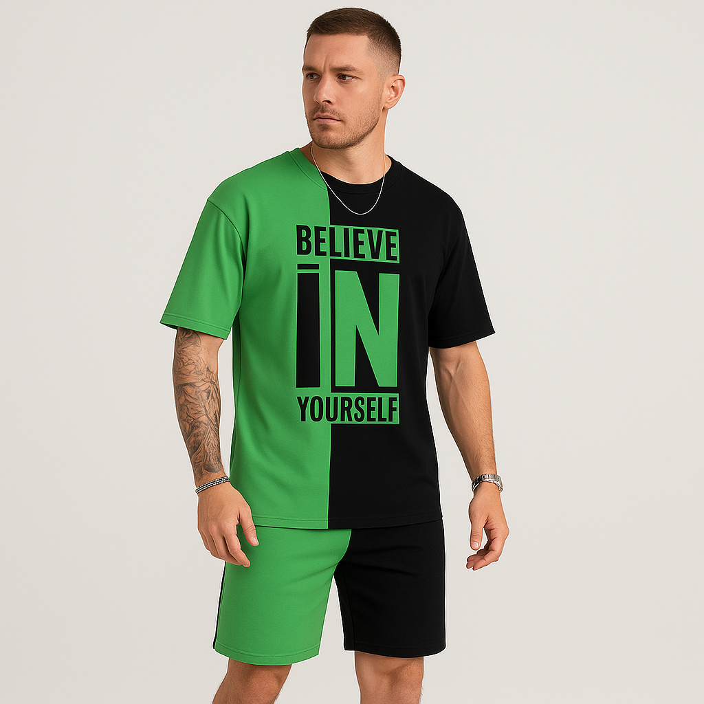 Herren-Motivationsset mit Farbblock-Print – „Glaub an dich selbst“ T-Shirt & passende Shorts