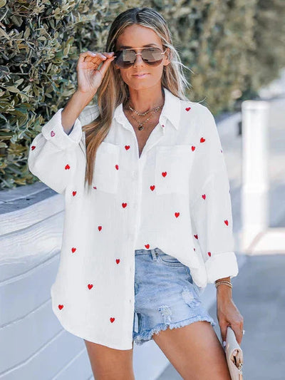 Freizeitbluse aus Baumwolle mit Herzstickerei für Frauen