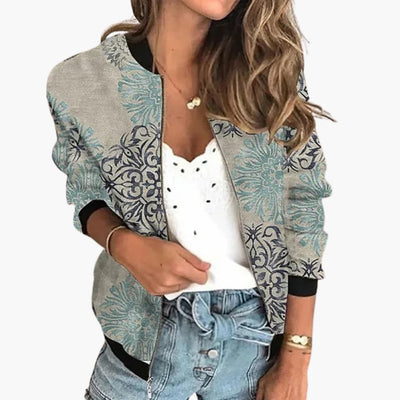 Damen Bomberjacke mit Blumenmuster und Reißverschluss