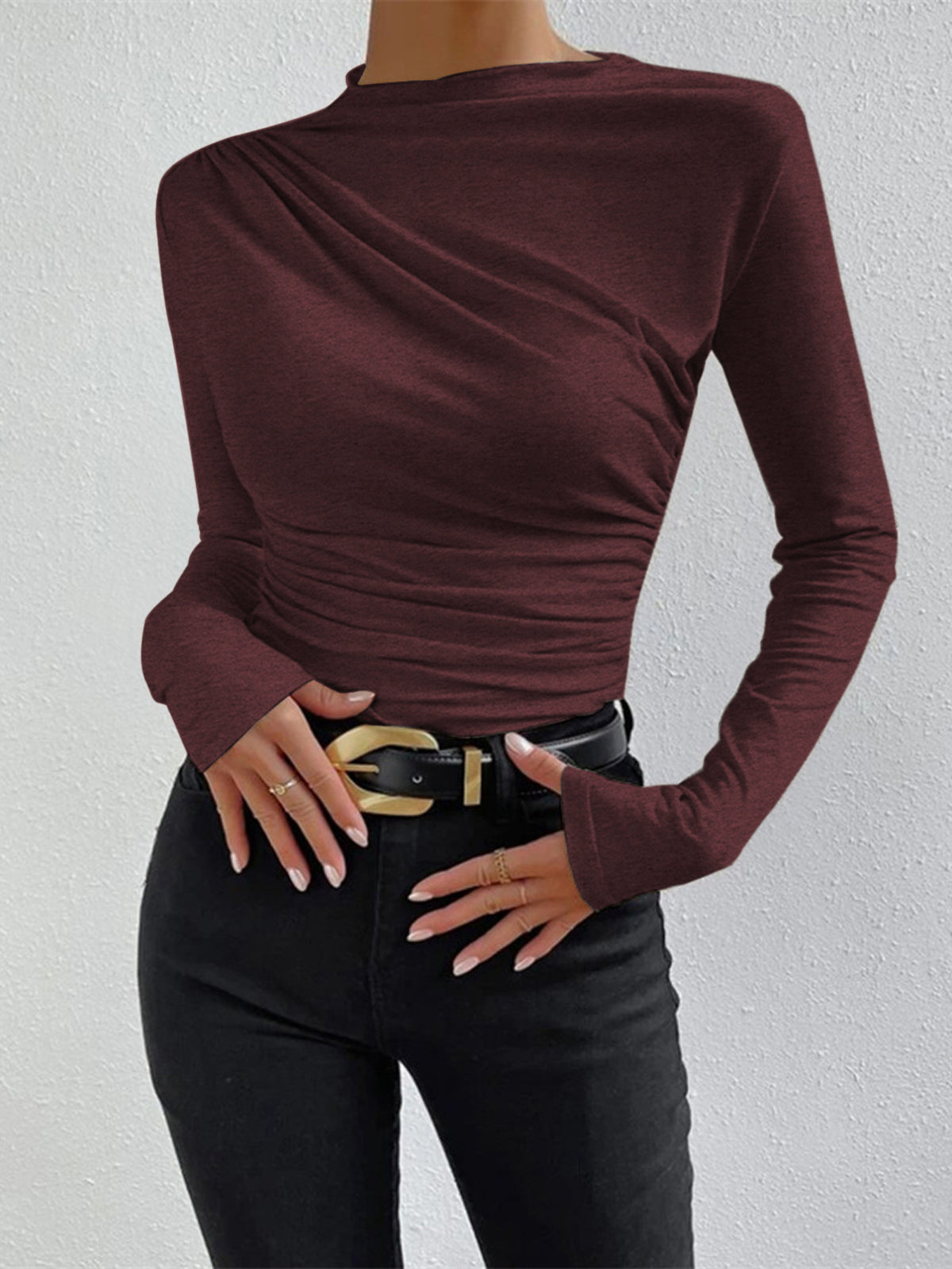 Damen Langarmshirt Raffung Elegantes Longsleeve