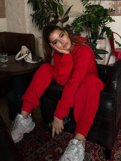 Damen Loungewear Anzug Strickmaterial mit Reißverschluss