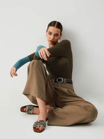 Damen Stricktop Cashmere-Bambus Slim Fit mit Kontrastärmeln