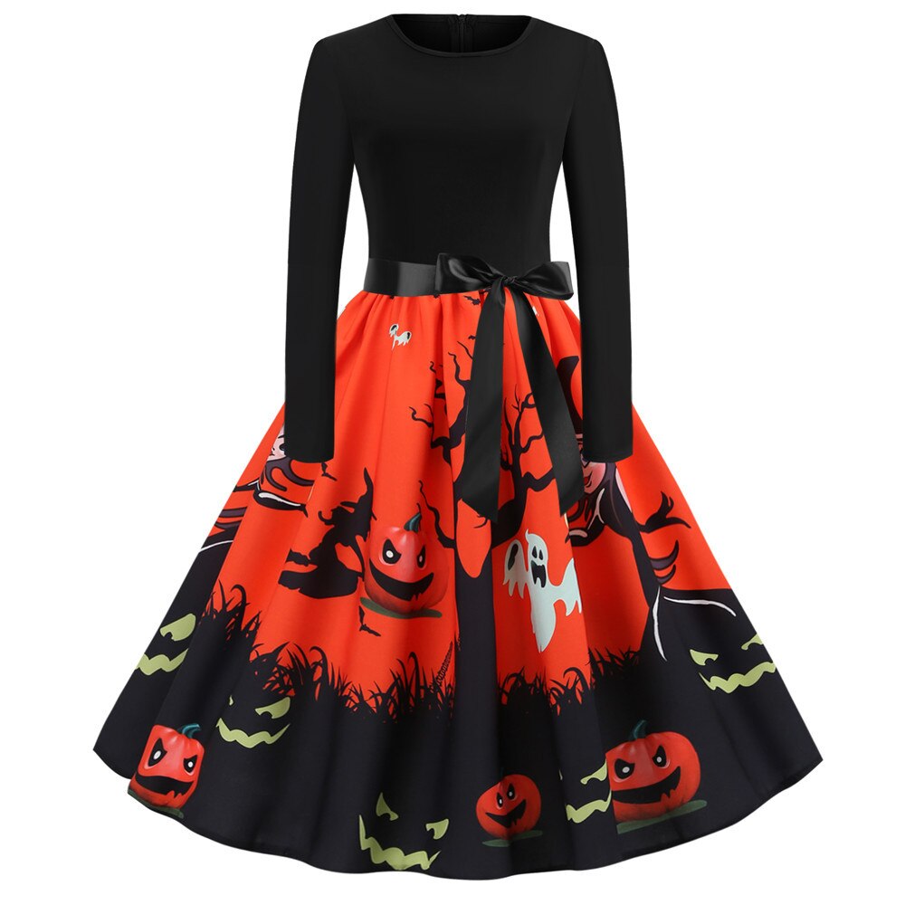 Damen Halloween-Kleid mit Print | Langarm & Ausgestellter Schnitt