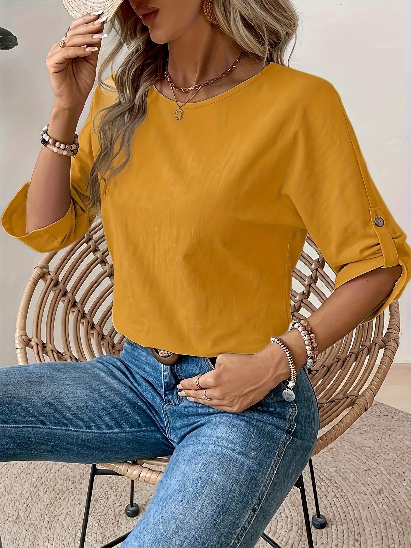 Schlichte Bluse mit Rundhalsausschnitt Ärmeldetail für Frauen