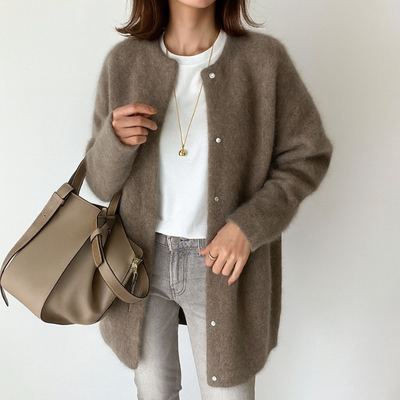 Elegante Damen Strickjacke – mit Taschen und Rundhalsausschnitt aus Acryl, lockere Passform