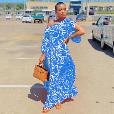 Erica- Damen Maxikleid mit asymmetrischem Design und Muster