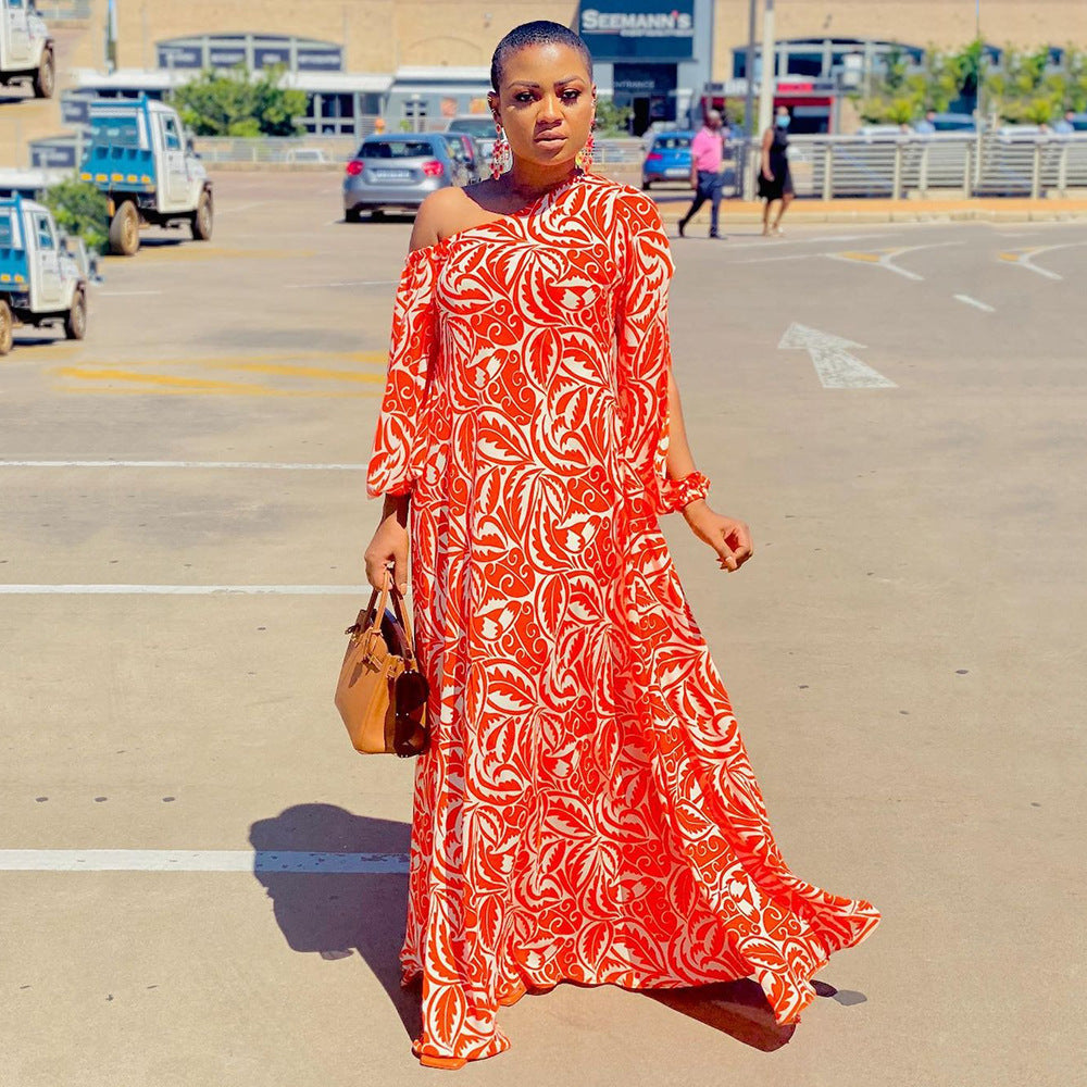 Erica- Damen Maxikleid mit asymmetrischem Design und Muster