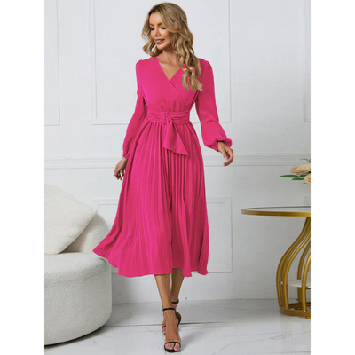 Fritzi - Damen Faltenrock Gürtel Taille V-Ausschnitt Kleid