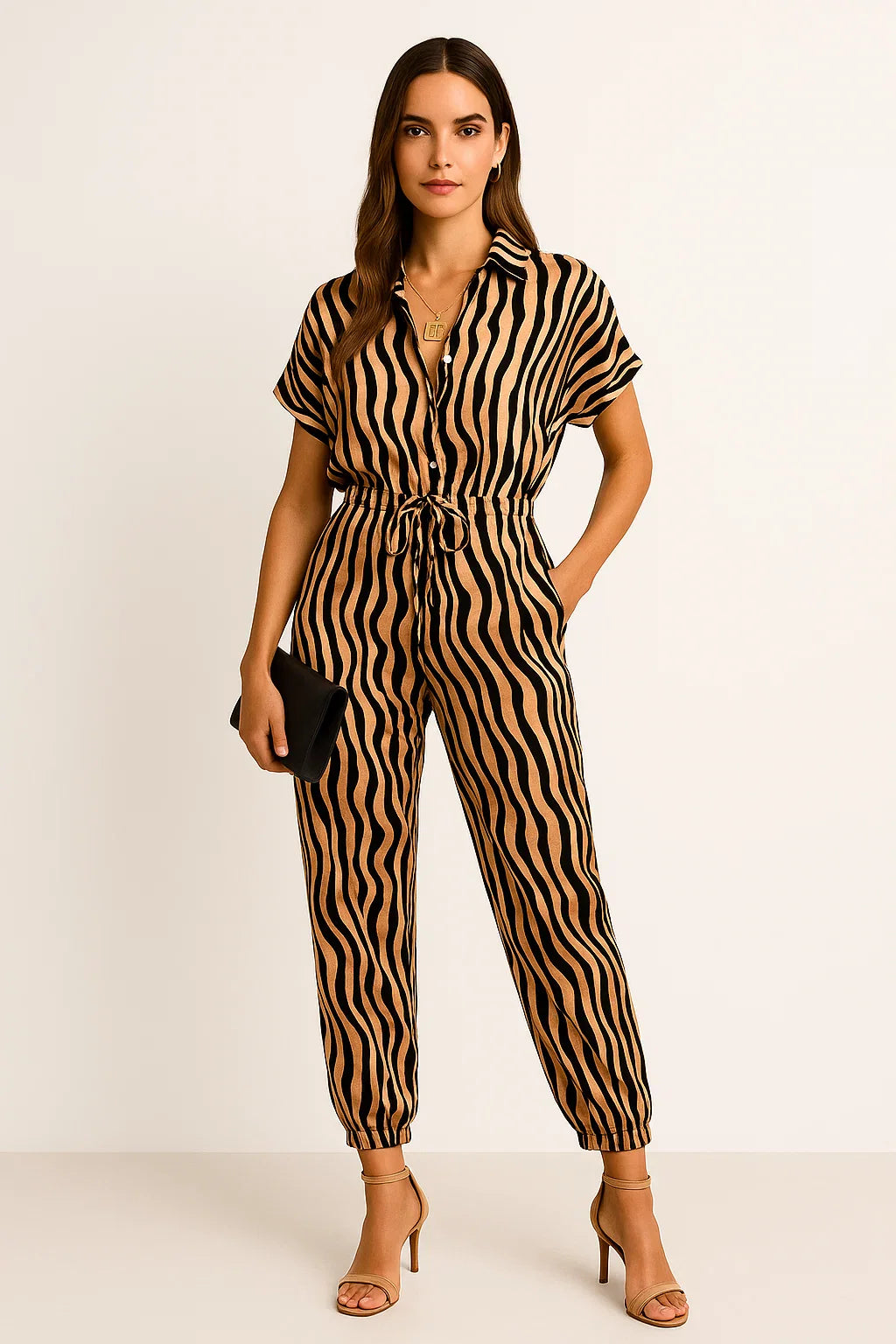 Geknöpfter Jumpsuit mit Schnürgürtel