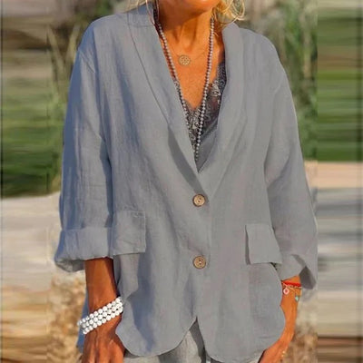 Damen Sommer-Leinenblazer mit V-Ausschnitt und Knopf
