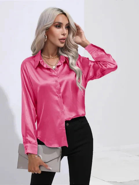 Elegante Satinbluse mit weitem Schnitt und langen Ärmeln für Frauen