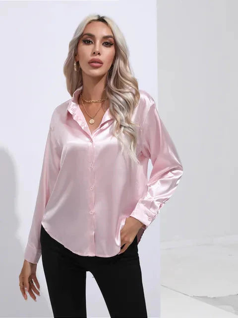 Elegante Satinbluse mit weitem Schnitt und langen Ärmeln für Frauen