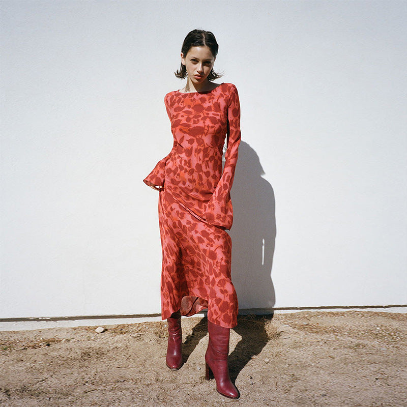 Imogen- Langärmeliges rotes bedrucktes Kleid