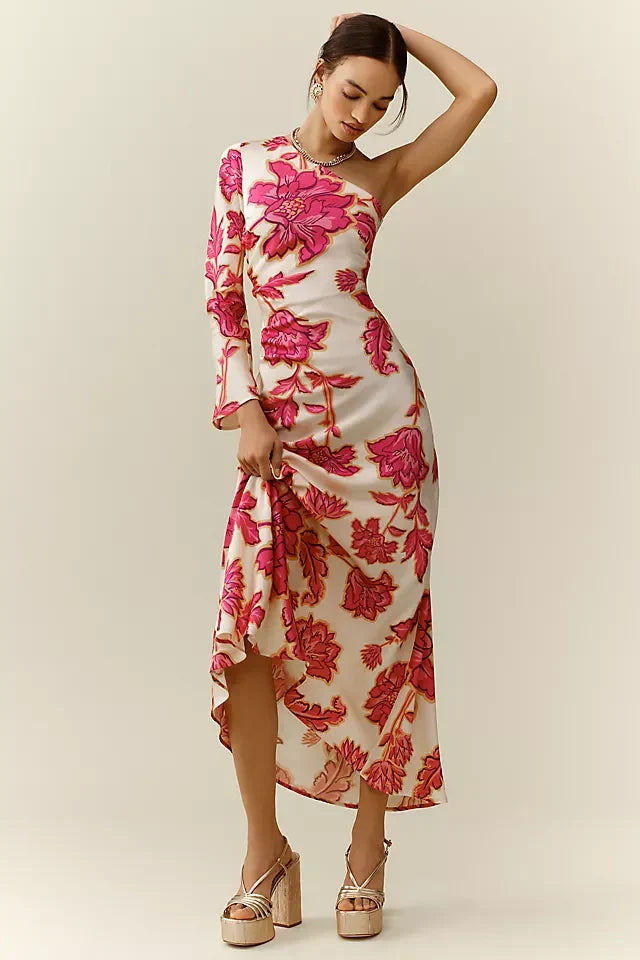 Valentina - Langes geblümtes Kleid mit einer Schulter