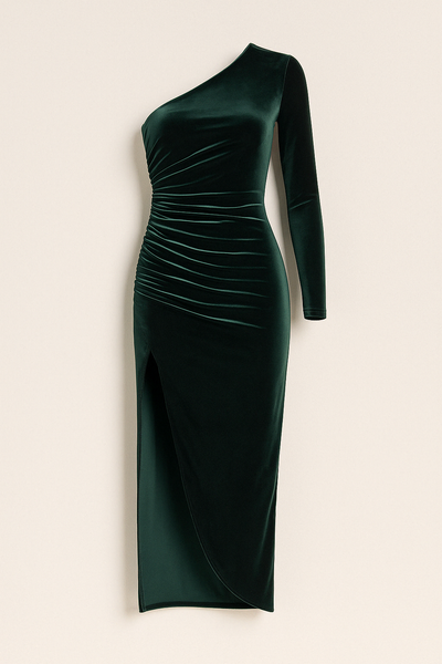 Karina | Samt-Midikleid mit asymmetrischer Schulter & femininer Raffinesse