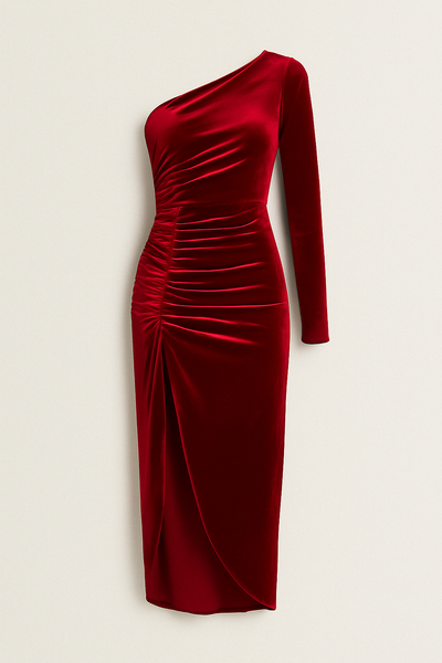 Karina | Samt-Midikleid mit asymmetrischer Schulter & femininer Raffinesse