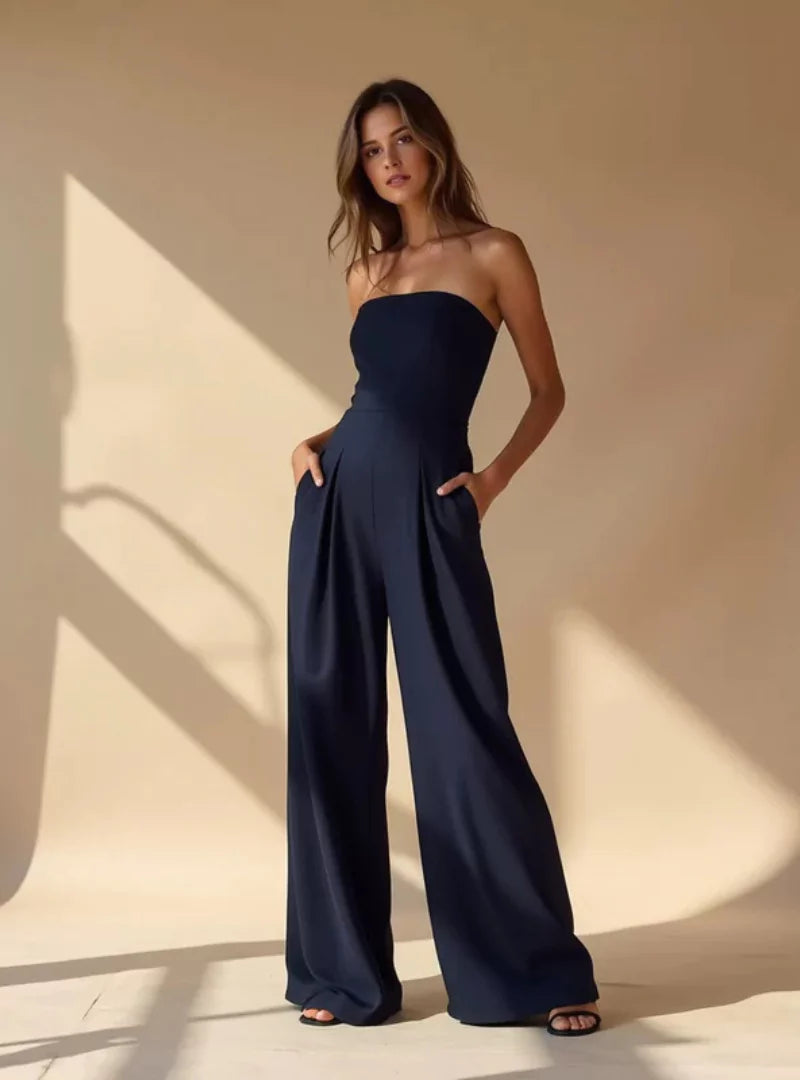 Damen Jumpsuit ohne Träger – Dunkelblau & Elegant mit weitem Bein
