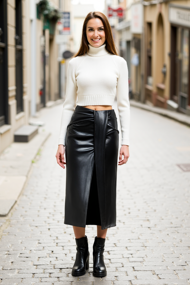 Dorle | Eleganter Kunstleder-Midirock mit Wickeloptik und hohem Schlitz