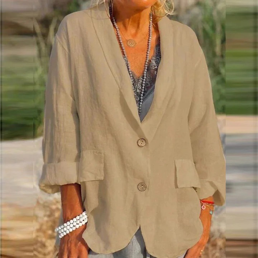 Damen Sommer-Leinenblazer mit V-Ausschnitt und Knopf