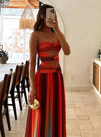Maxi Sommerkleid mit Cut-Outs & Bandeau-Top – Farbverlauf Rot-Orange