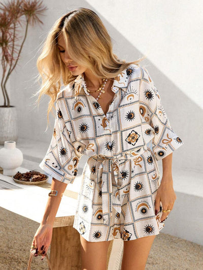 Monika – Damen Jumpsuit Mit Muster Und Knotendetail Vorne