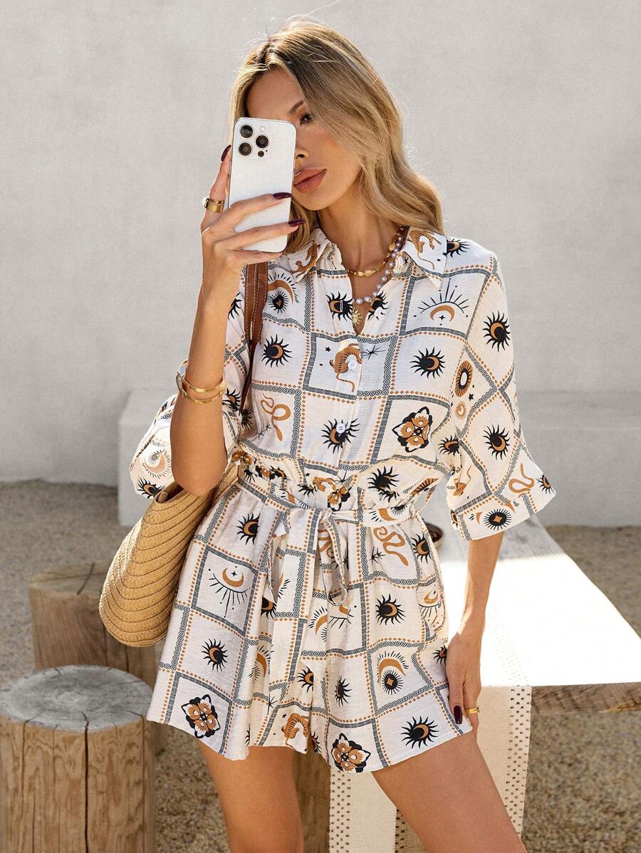 Monika – Damen Jumpsuit Mit Muster Und Knotendetail Vorne