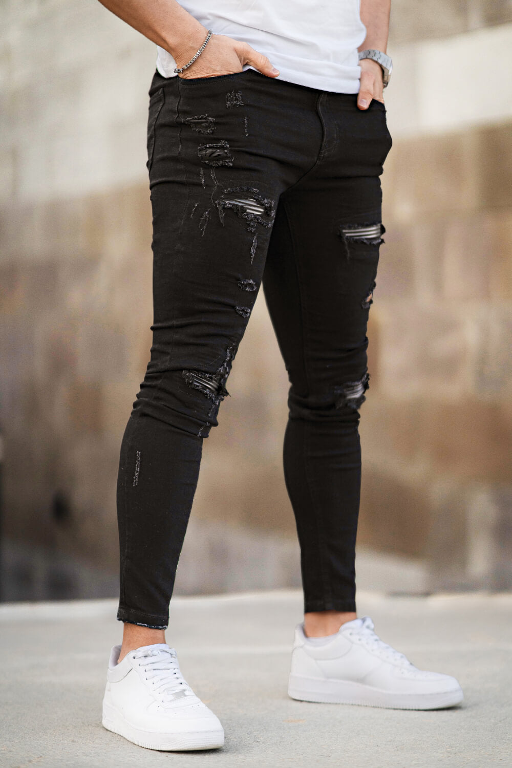 Schwarze Zerrissene Herren Skinny Jeans