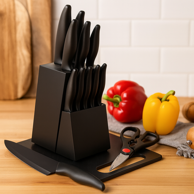 Noiresta | 15-teiliges Kochmesserset mit schwarzem Holzblock und Zubehör