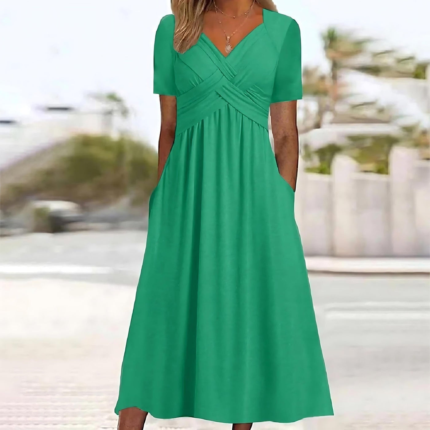 Kurzarm-V-Ausschnitt Midikleid für Damen