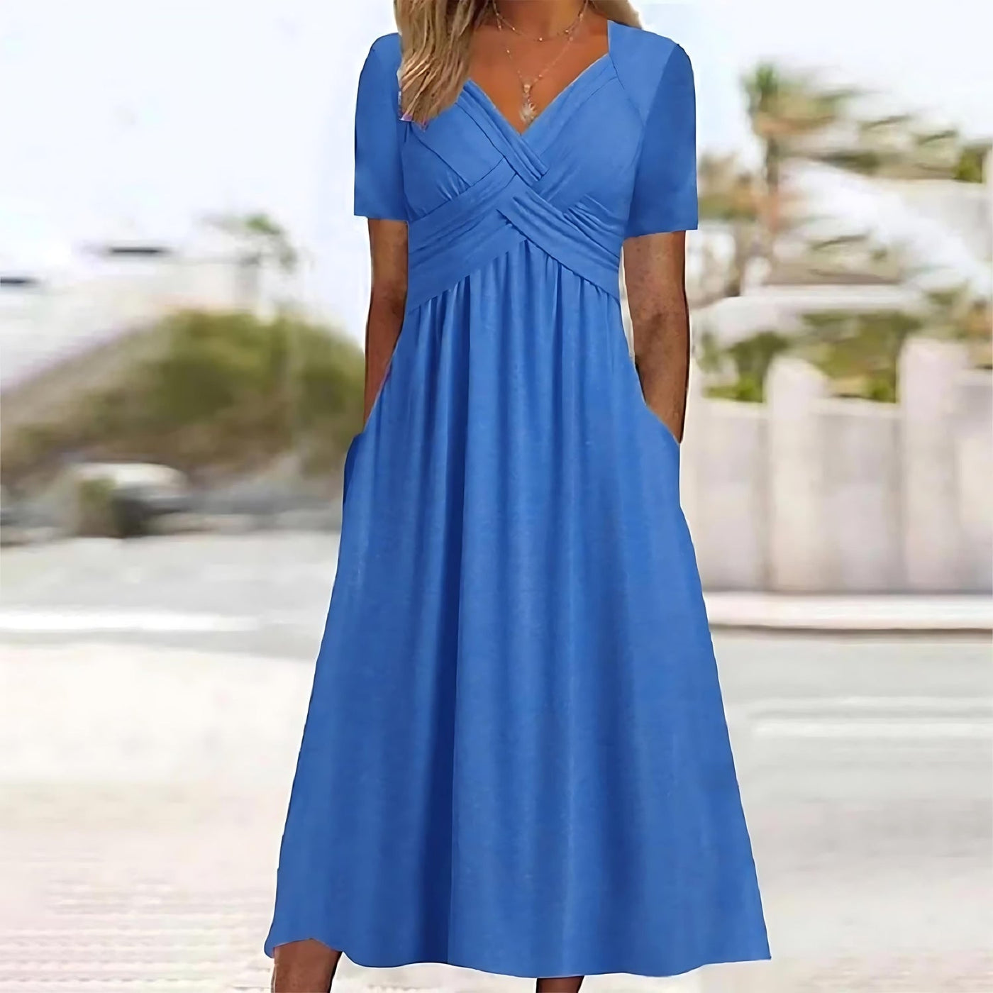 Kurzarm-V-Ausschnitt Midikleid für Damen