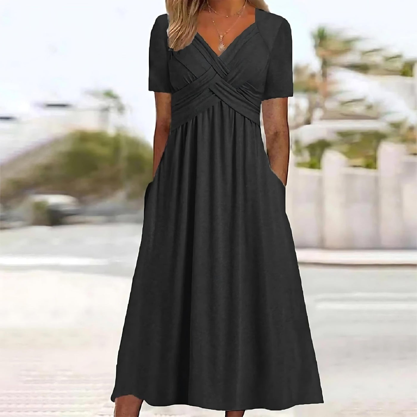 Kurzarm-V-Ausschnitt Midikleid für Damen