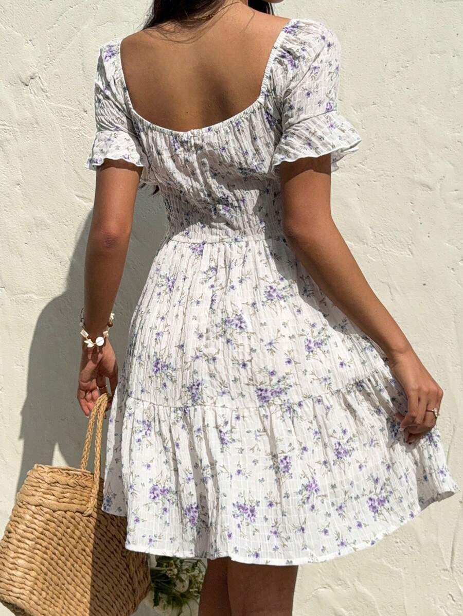 Nora – Blaues Blumenkleid Damen Kurzarm Sommer Urlaub Lässig