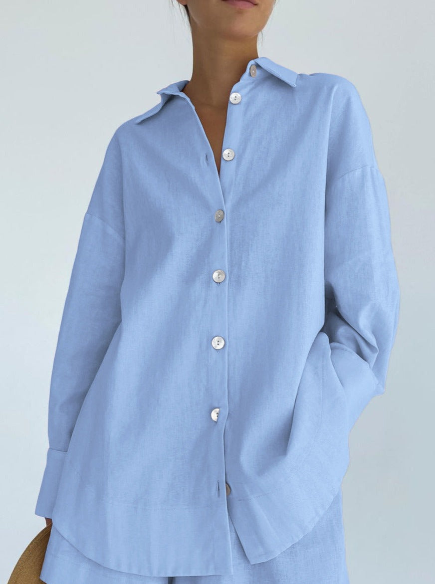 Damen Baumwollset mit Oversized-Bluse und lockerer Hose