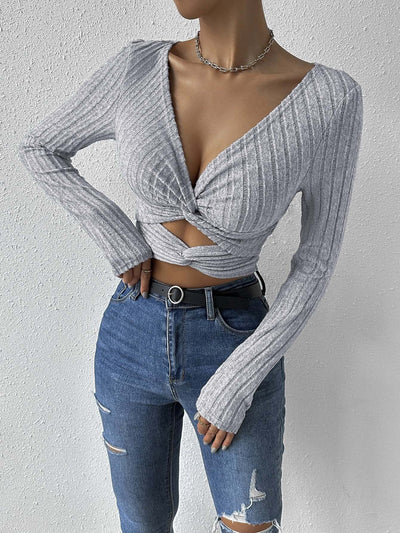 Langärmeliges geripptes Crossover-Top mit tiefem Ausschnitt für Damen - Renata