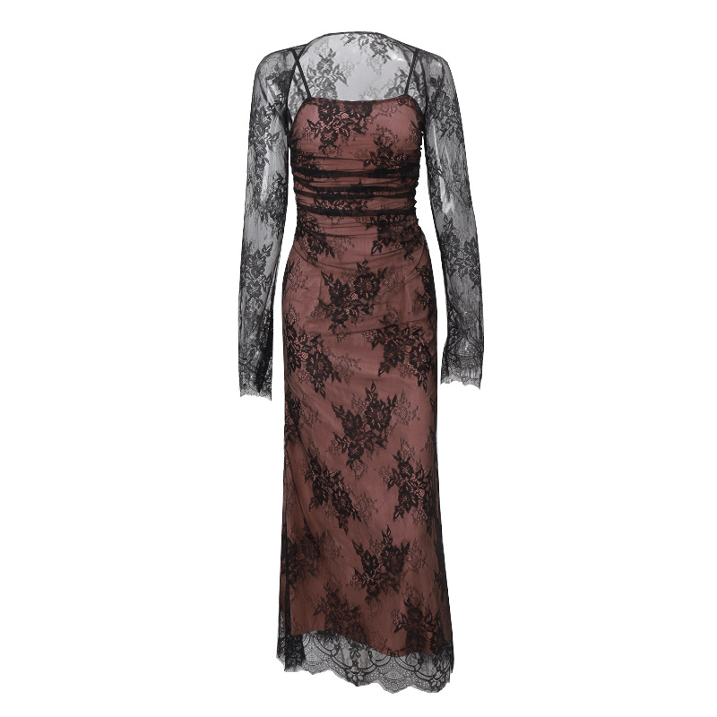 Langärmliges Damen Spitzen Abendkleid | Maxi