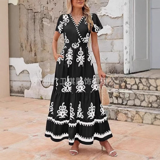 Martha - Maxikleid für Frauen, Sommer, V-Ausschnitt, Blumendruck