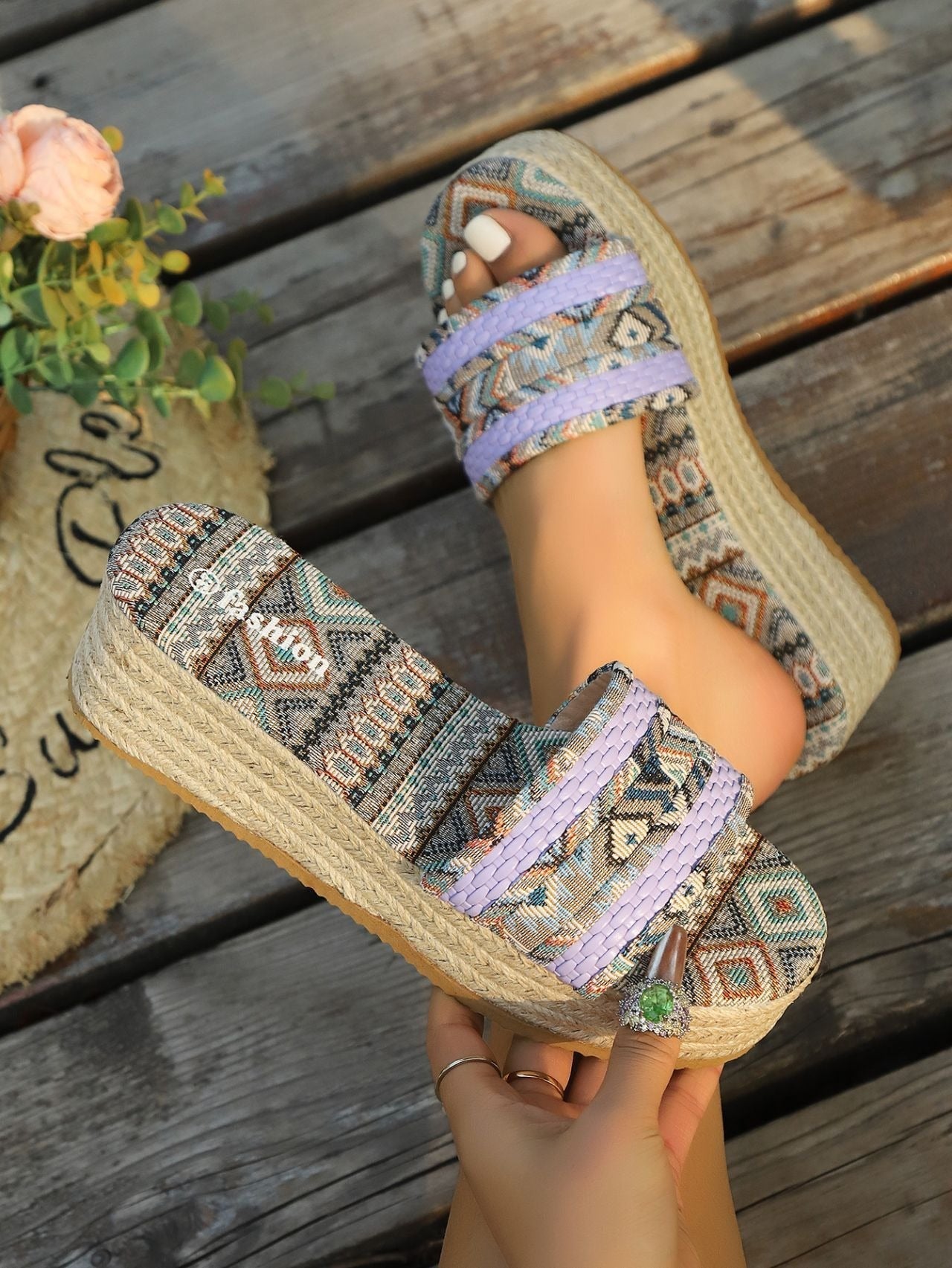 Frau flache Sandalen ethnischen Stoff geflochtene Sohle - Natalia