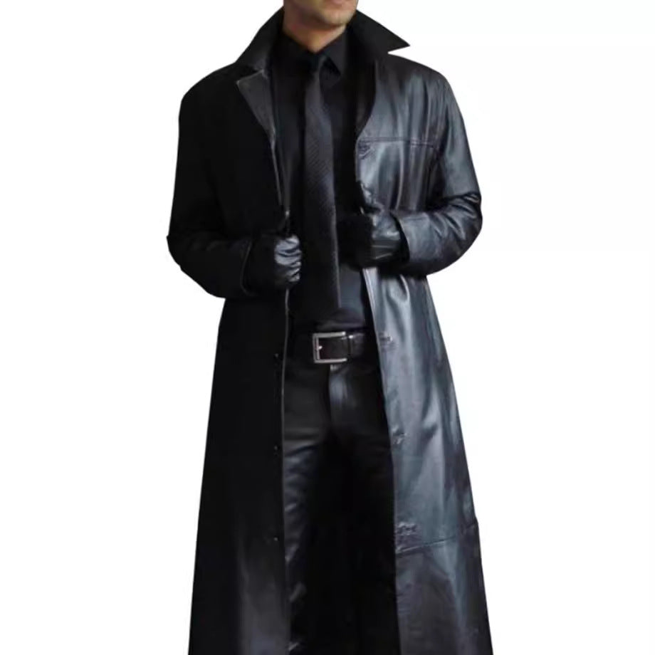 Herren eleganter Kunstledermantel mit doppeltem Knopfverschluss Aliams