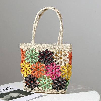 Schultertasche aus Stroh mit Blumenverzierung für Frauen