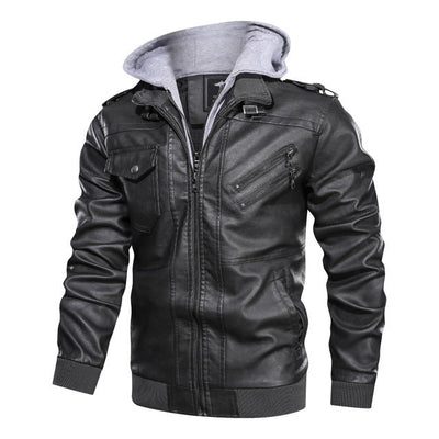 Herren Lederjacke mit abnehmbarer Kapuze und Taschen