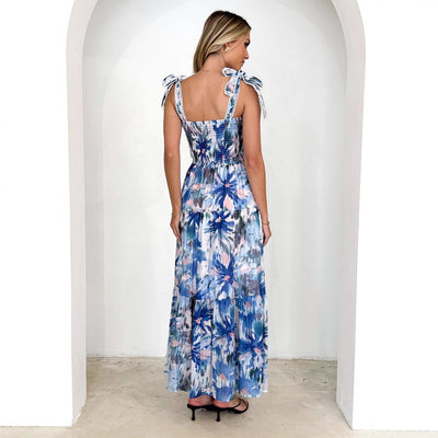 Asena- Damen Maxikleid Sommer mit Shirred Mieder und Blumendruck