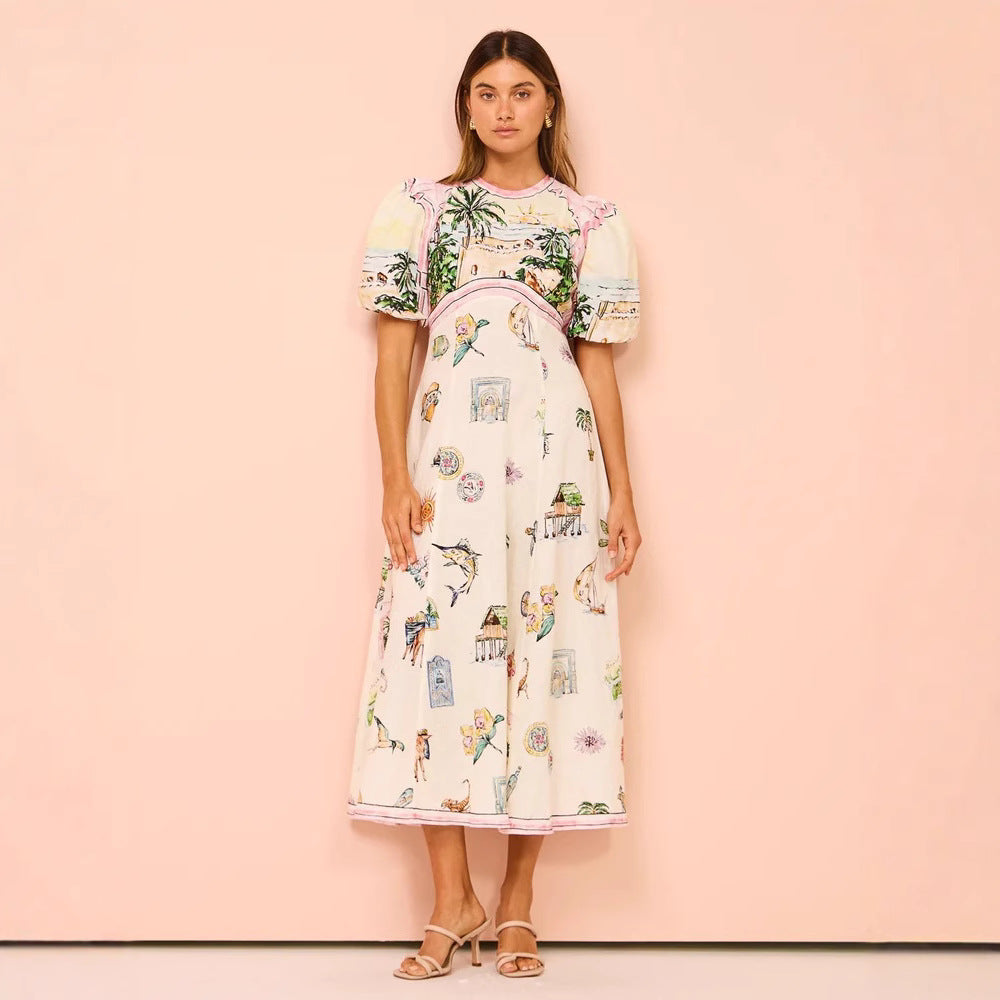 Algea - A-Line Sommerkleid mit Puffärmeln und Kunstdruck