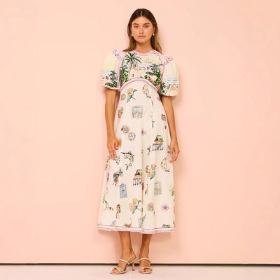 Algea - A-Line Sommerkleid mit Puffärmeln und Kunstdruck
