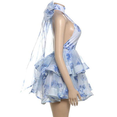 Valeria - Bedrucktes kurzes Kleid mit offenem Rücken und Neckholderausschnitt